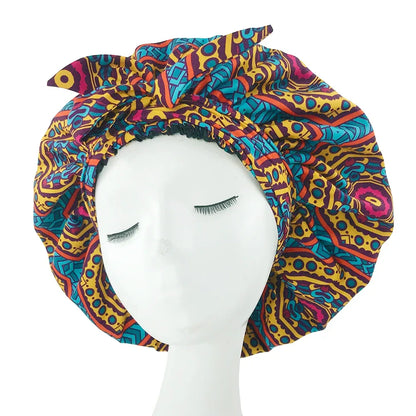 African Print Satin Bonnet with Long Ribbon Wrap Double Layer Headwrap Ankara Pattern Women Hair Cover Hair Wrap Cap - B&R African Styles