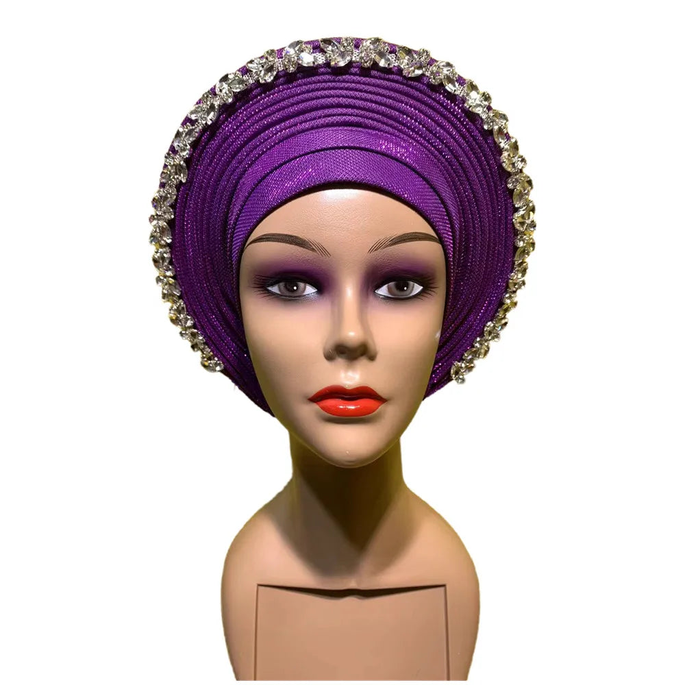 Blue African Hijab Caps with Diamonds  Aso Oke Gele Headtie