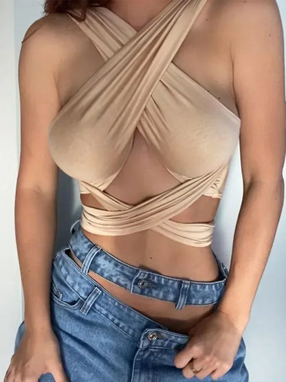 Women Strappy Cross Over Front Cut Out Halter Neck Sleeveless Backless Wrap Crop Top Bandage Vest Summer Sexy Tops Woman Clothes - B&R African Styles