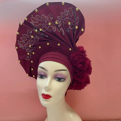 Head Wrap African Aso Oke Gele Headtie Auto Gele With Beads For Wedding Party - B&R African Styles