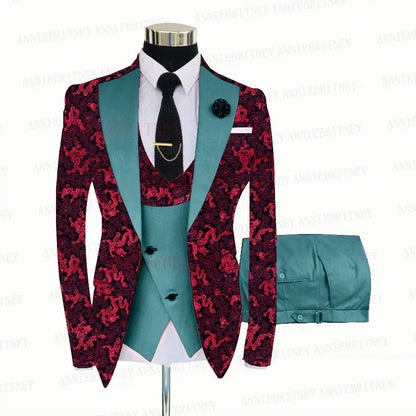 Red Floral Print Men's Suit 3 Pieces Slim fit Suit Jacket For Wedding, Special Events - B&R African Styles