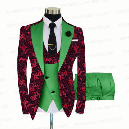 Red Floral Print Men's Suit 3 Pieces Slim fit Suit Jacket For Wedding, Special Events - B&R African Styles