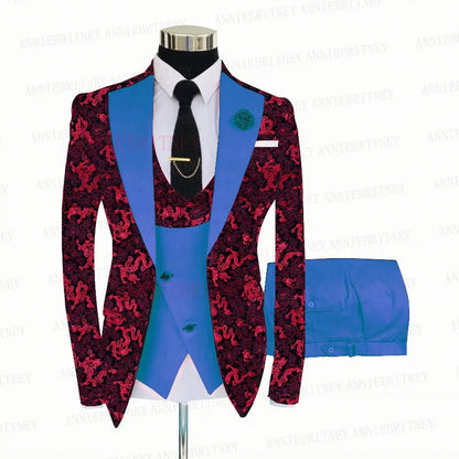Red Floral Print Men's Suit 3 Pieces Slim fit Suit Jacket For Wedding, Special Events - B&R African Styles