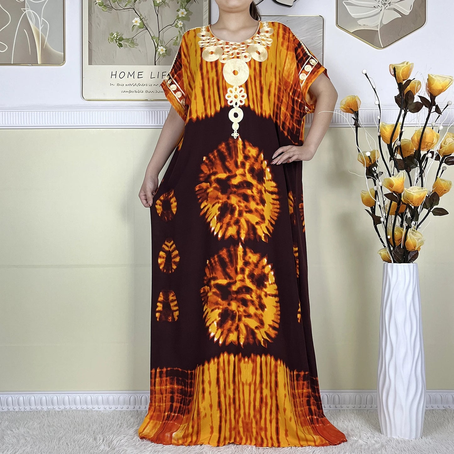 Elegant African Abaya Maxi Dress - Pure Cotton, Loose Fit, Short Sleeve