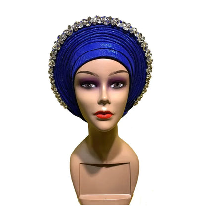 Blue African Hijab Caps with Diamonds Aso Oke Gele Headtie - B&R African Styles