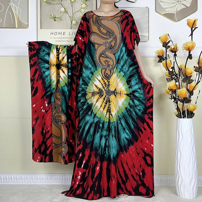 Women's African Dress with Diamonds & Matching Scarf – Cotton Short Sleeve Kaftan - B&R African Styles