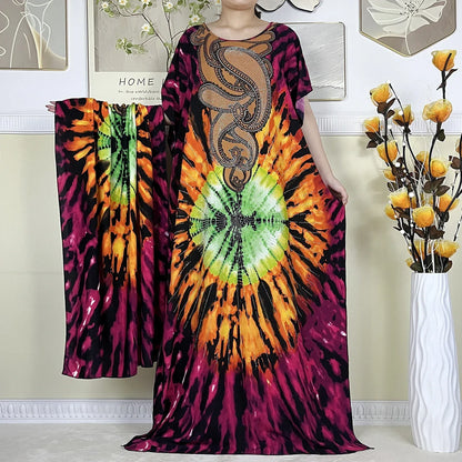 Women's African Dress with Diamonds & Matching Scarf – Cotton Short Sleeve Kaftan - B&R African Styles
