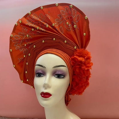 Head Wrap African Aso Oke Gele Headtie Auto Gele With Beads For Wedding Party - B&R African Styles