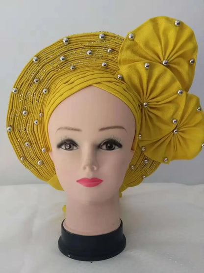 Head Wrap African Aso Oke Gele Headtie Auto Gele With Beads For Wedding Party - B&R African Styles