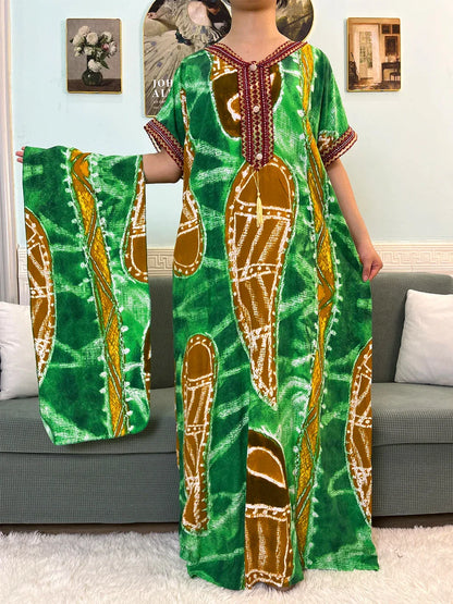 Printed Cotton V-Neck Abayas with Appliques & Pockets - Loose Fit Dress & Headscarf for Women - B&R African Styles