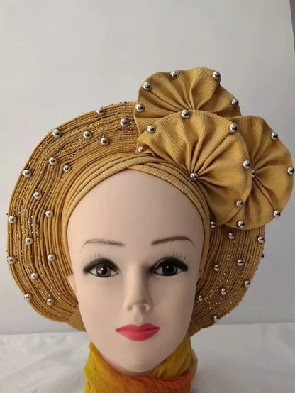 Head Wrap African Aso Oke Gele Headtie Auto Gele With Beads For Wedding Party - B&R African Styles