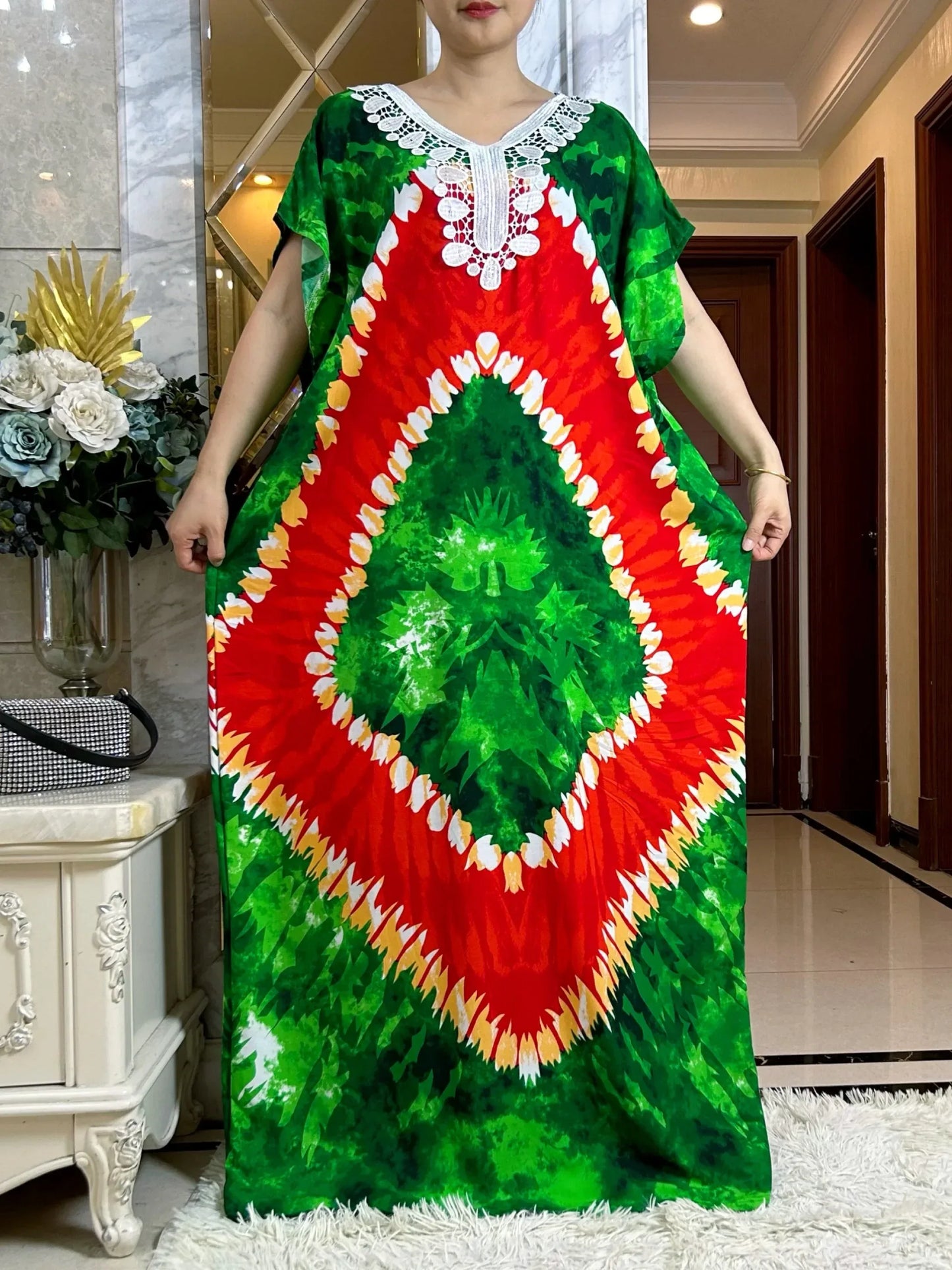 2024 African Floral Dashiki Cotton Maxi Dress - Elegant Tie-Dye Abaya