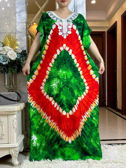 2024 African Floral Dashiki Cotton Maxi Dress - Elegant Tie-Dye Abaya - B&R African Styles