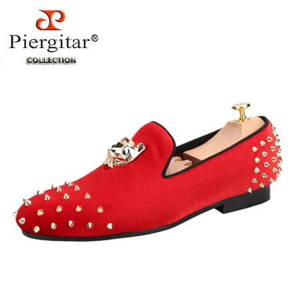 Men's Velvet Shoes: Stylish Slip-On Loafers with Gold Tiger Buckle and Spikes, Perfect for Fashion Parties and Casual Luxury - B&R African Styles