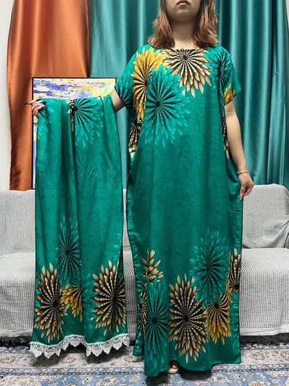 Floral Cotton Abaya for Women with Short Sleeves and Matching Scarf - B&R African Styles