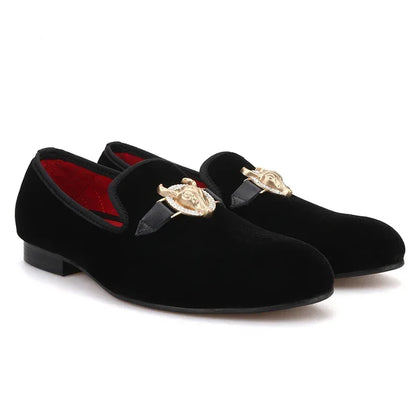 Piergitar Handmade Velvet Men's Smoking Slippers: Cow Buckle, Fashionable Slip-On Loafers for Prom and Banquets - B&R African Styles
