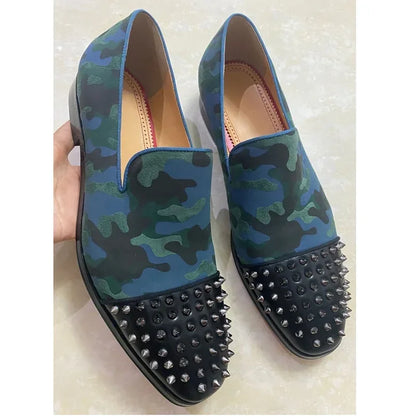 Handcrafted Men's Luxury Rivet Loafers: New Camouflage Spiked Slip-Ons in Leather, Perfect for Casual and Dressy Occasions - B&R African Styles