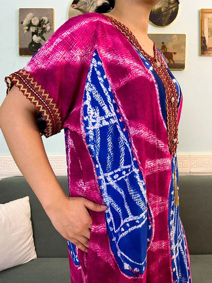 Printed Cotton V-Neck Abayas with Appliques & Pockets - Loose Fit Dress & Headscarf for Women - B&R African Styles