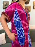 Printed Cotton V-Neck Abayas with Appliques & Pockets - Loose Fit Dress & Headscarf for Women