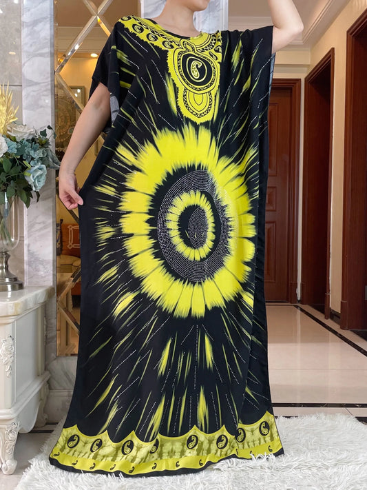 Elegant Tie-Dye Abaya African Floral Cotton Maxi Dress