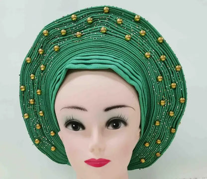 Head Wrap African Aso Oke Gele Headtie Auto Gele With Beads For Wedding Party - B&R African Styles