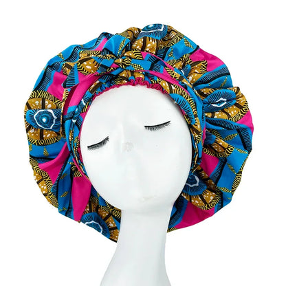 African Print Satin Bonnet with Long Ribbon Wrap Double Layer Headwrap Ankara Pattern Women Hair Cover Hair Wrap Cap - B&R African Styles