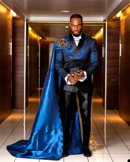 2pcs Blue Jacquard Men's Wedding Slim Suit Tuxedo With Cape - B&R African Styles