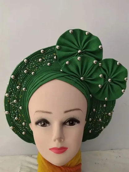 Head Wrap African Aso Oke Gele Headtie Auto Gele With Beads For Wedding Party - B&R African Styles