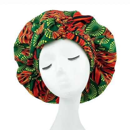African Print Satin Bonnet with Long Ribbon Wrap Double Layer Headwrap Ankara Pattern Women Hair Cover Hair Wrap Cap - B&R African Styles