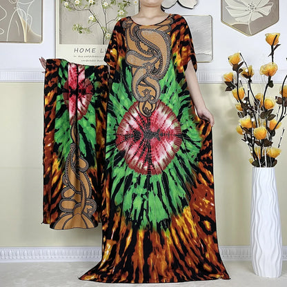 Women's African Dress with Diamonds & Matching Scarf – Cotton Short Sleeve Kaftan - B&R African Styles