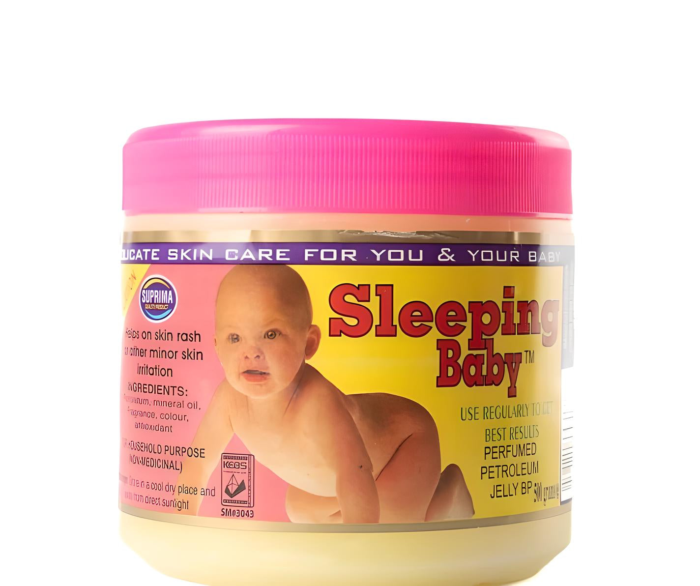 A container of Sleeping Baby lotion featuring a label with a picture of a baby and product details.