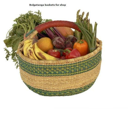 Medium Bolga Market Basket w/ Leather Wrapped Handle (Colors Vary) W: 11" - 13" H: 8"-10", 1 EA - B&R African Styles