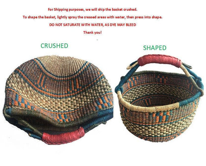 Medium Bolga Market Basket w/ Leather Wrapped Handle (Colors Vary) W: 11" - 13" H: 8"-10", 1 EA - B&R African Styles