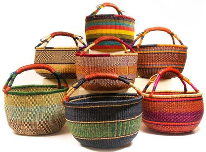 Medium Bolga Market Basket w/ Leather Wrapped Handle (Colors Vary) W: 11" - 13" H: 8"-10", 1 EA - B&R African Styles