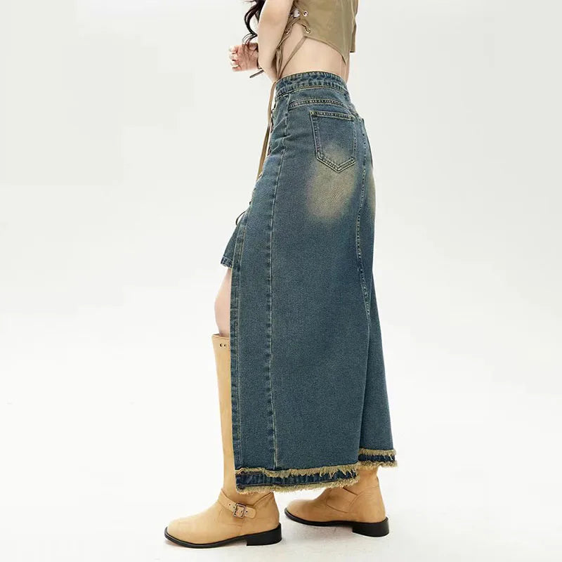 Slit Vintage Denim Maxi Skirt