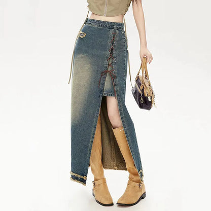 Slit Vintage Denim Maxi Skirt