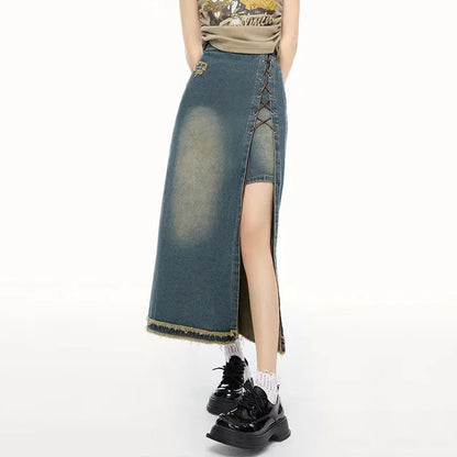 Slit Vintage Denim Maxi Skirt