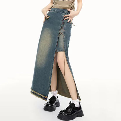 Slit Vintage Denim Maxi Skirt