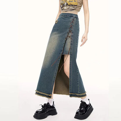 Slit Vintage Denim Maxi Skirt