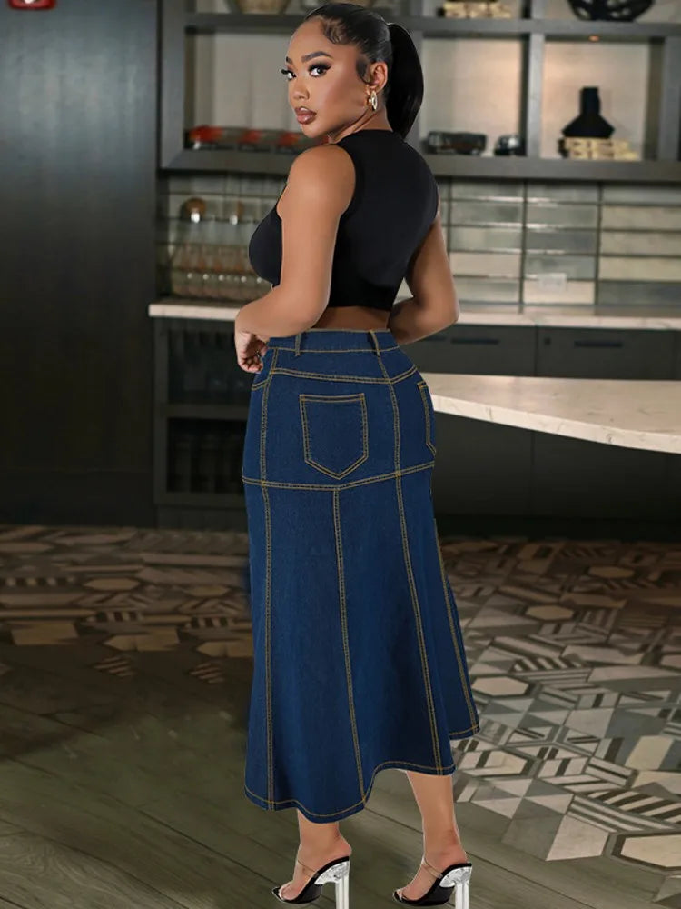 Retro High-waist Denim Pencil Skirt