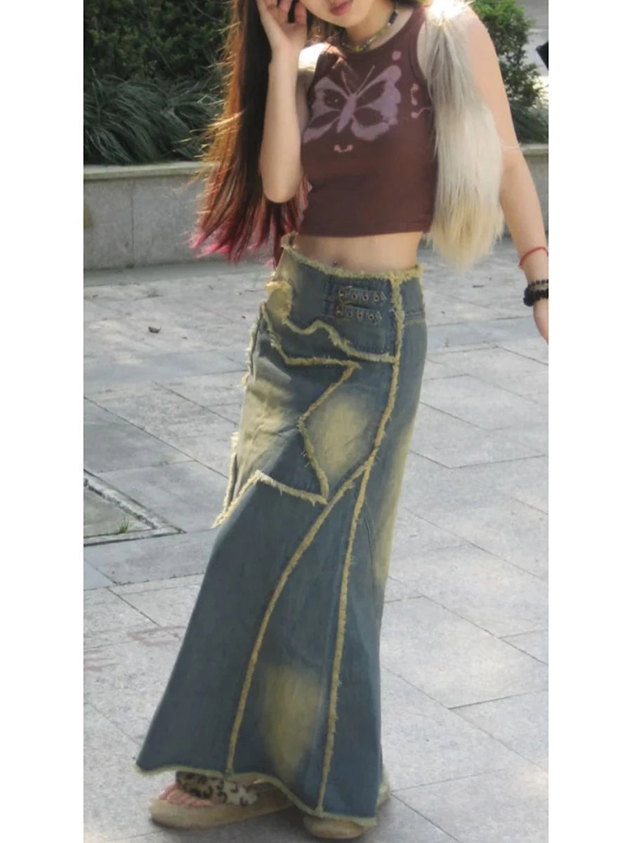 Vintage High Waist Denim Maxi Skirt