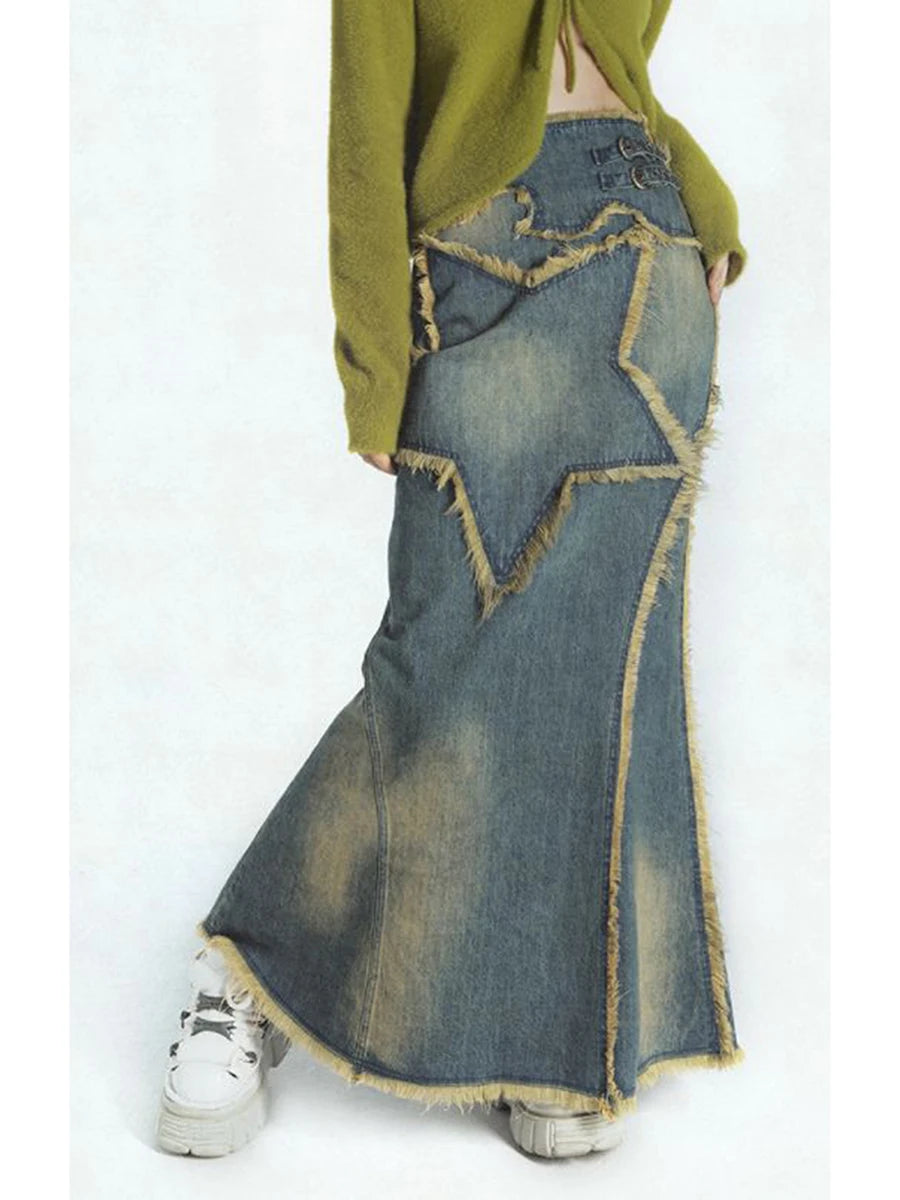 Vintage High Waist Denim Maxi Skirt