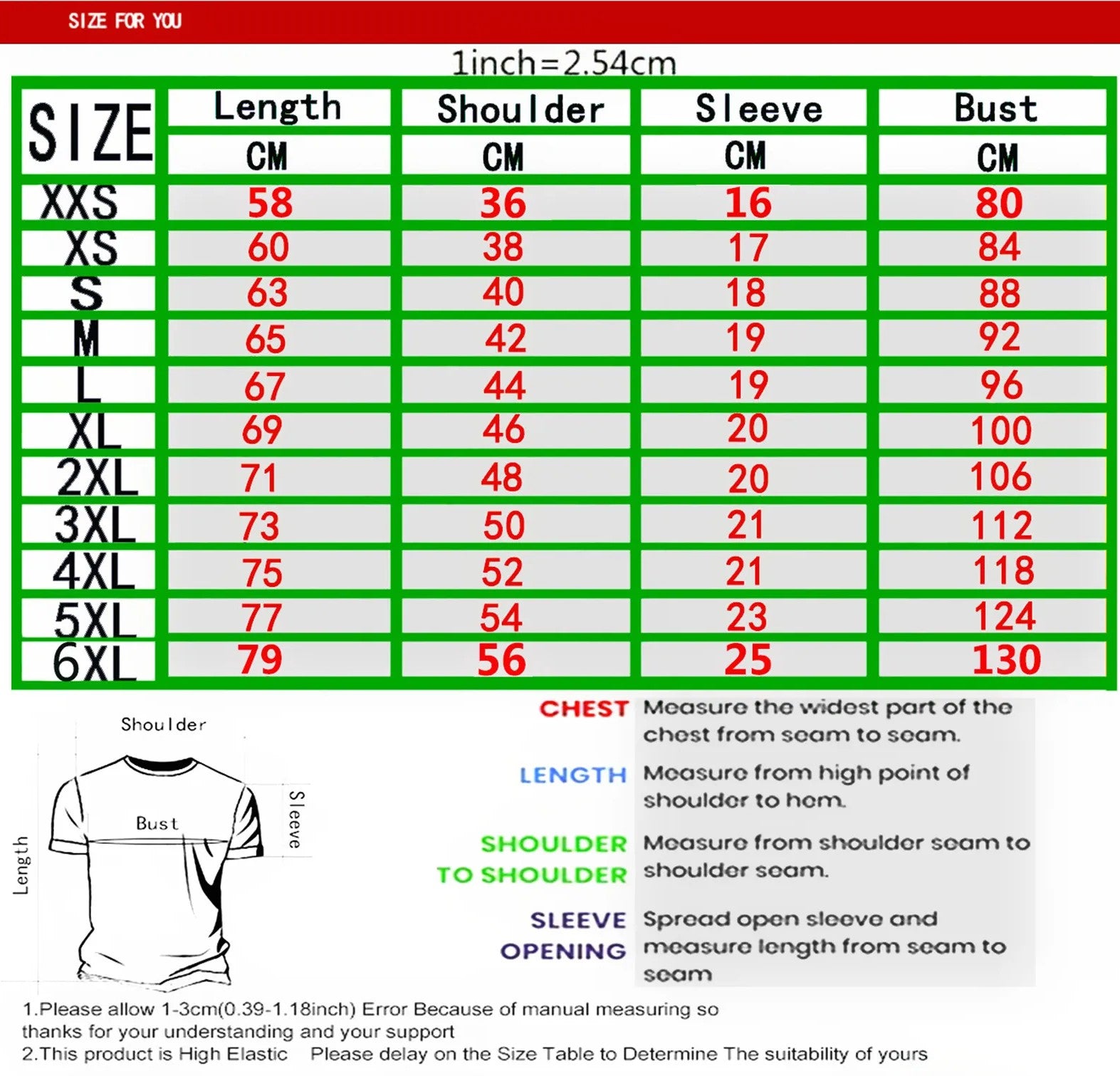 Size chart for clothing with measurements in centimeters