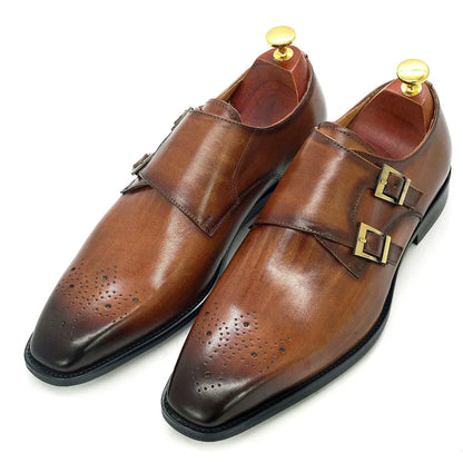 Double Monk Strap Oxford Shoes Men's Genuine Leather Buckle - B&R African Styles