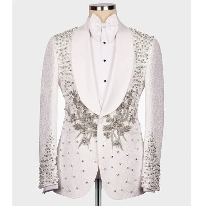 Luxury Wedding Tuxedo White Men's Suits 3pcs Slim Fit Appliques Crystals - B&R African Styles