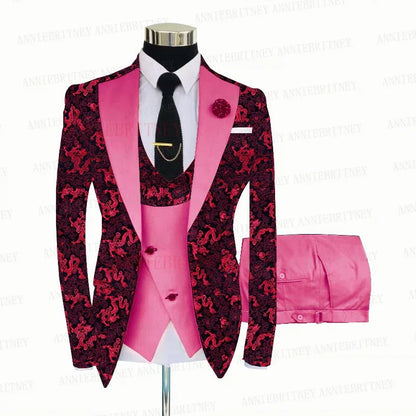 Red Floral Print Men's Suit 3 Pieces Slim fit Suit Jacket For Wedding, Special Events - B&R African Styles