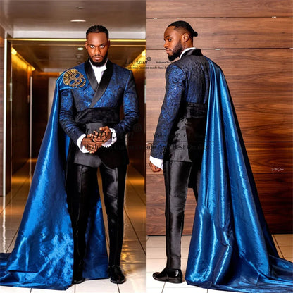 2pcs Blue Jacquard Men's Wedding Slim Suit Tuxedo With Cape - B&R African Styles
