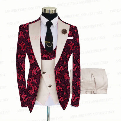 Red Floral Print Men's Suit 3 Pieces Slim fit Suit Jacket For Wedding, Special Events - B&R African Styles