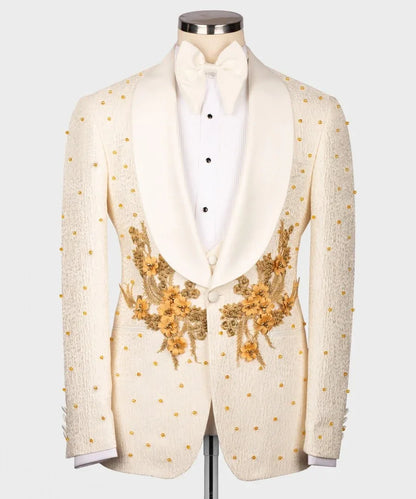 Luxury Groom Men's Suits Pearls Appliques Beige Wedding Tuxedo 3pcs Blazer Vest - B&R African Styles