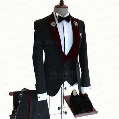 BLACK FORMAL SLIM SUIT FOR MEN 3 PIECES BLAZER JACKET - B&R African Styles